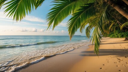 Obraz premium Lush green foliage of a tree on a tropical beach