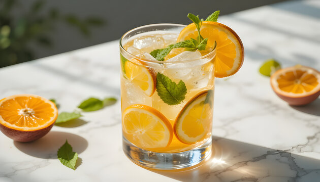 Lemon Es segar bisa juga jeruk peras segar di dalam gelas bening ditambah daun mint di sajikan secara estetik di atas meja marble putih