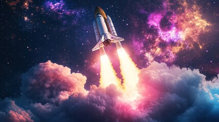 Naklejka premium Rocket Launching into Cosmic Nebula with Colorful Clouds