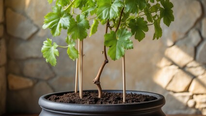 Potted grapevine plant approximately 50cm tall, supported by stakes and thriving with lush green leaves