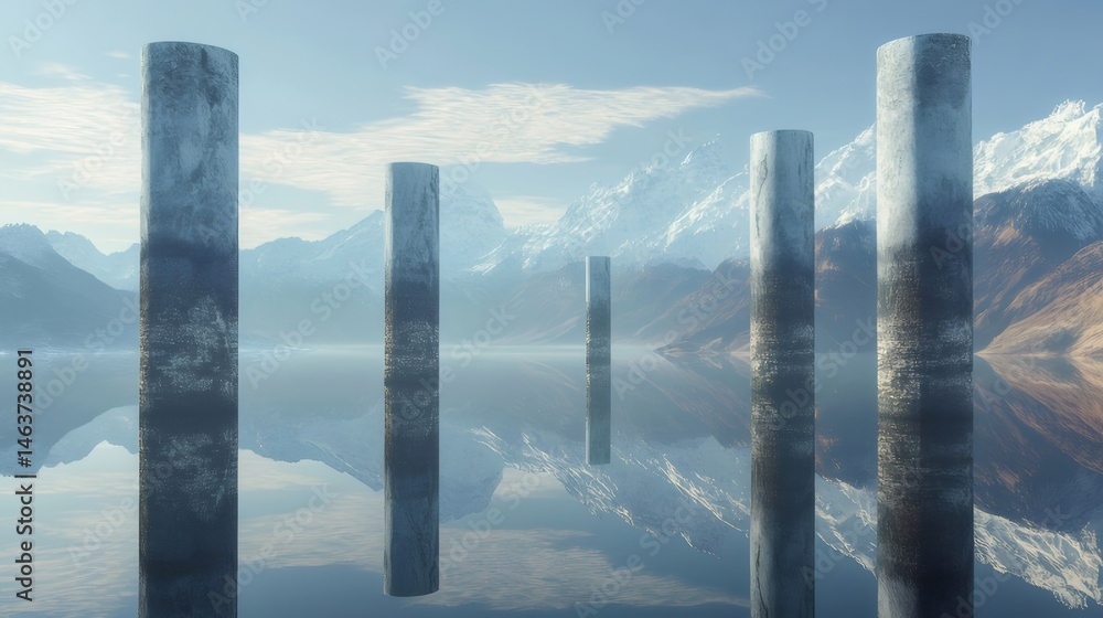 Poster 穏やかな湖にそびえ立つコンクリートの柱と雪をかぶった山の背景 静かな水の反射を捉えた静寂の風景