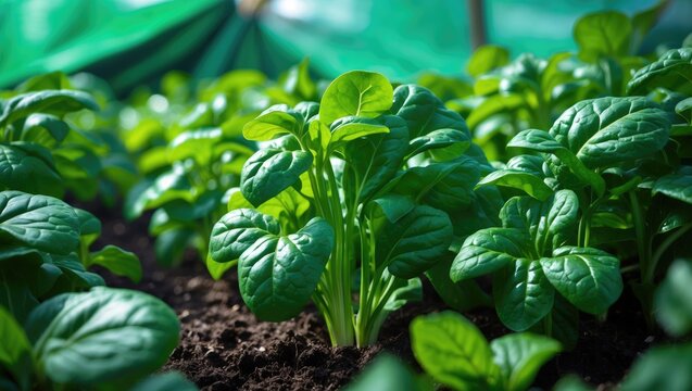 Fresh spinach leaves growing vigorously in soil with a green backdrop, highlighting sustainable farming and healthy produce.