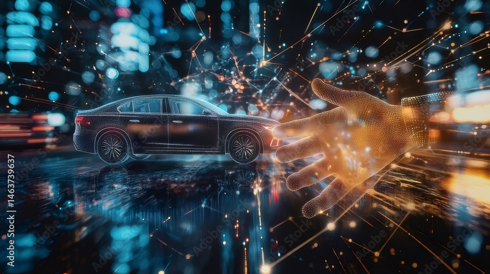Aufkleber ブルーとオレンジのライトに包まれた未来的な自動車とデジタルハンド 抽象的なテクノロジーコンセプトとデータネットワーク接続