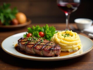 Grilled steak dinner, creamy mashed potatoes, roasted vegetables, red wine , grilled, carbohydrate, protein