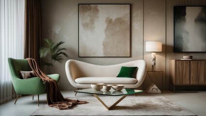 Modern interior design of a cozy living space showcasing a mockup poster frame, boucle sofa, green armchair, glass coffee table, marble lamp, and personal decor elements.