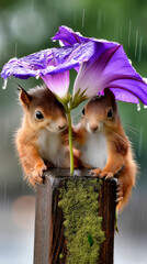 two little squirrels are holding a large purple morning glory flower as an umbrella