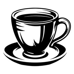 Monochrome illustration of a cup of coffee on a saucer, isolated