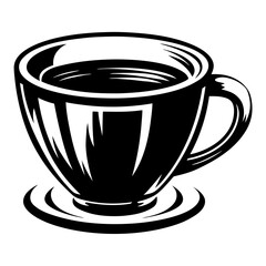 Stylized black and white image of a coffee cup and saucer illustration