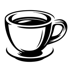 Stylish black and white vector illustration of a coffee cup on saucer
