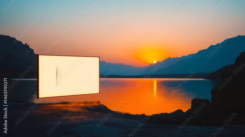 Poster 湖の夕焼けの背景に山々と反射があり、空はオレンジ色で美しい