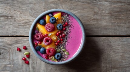 Vibrant fruit bowl with tropical accents arranged aesthetically on rustic table