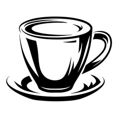 Bold Black and White Graphic Illustration of a Cup of Coffee and Saucer