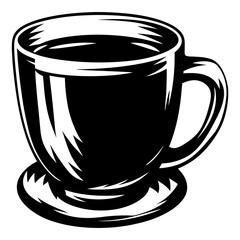 Elegant black and white graphic design of a coffee cup on saucer