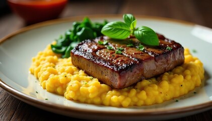 Juicy steak, crisp crust, polenta, vibrant spinach, dish, aroma, crust