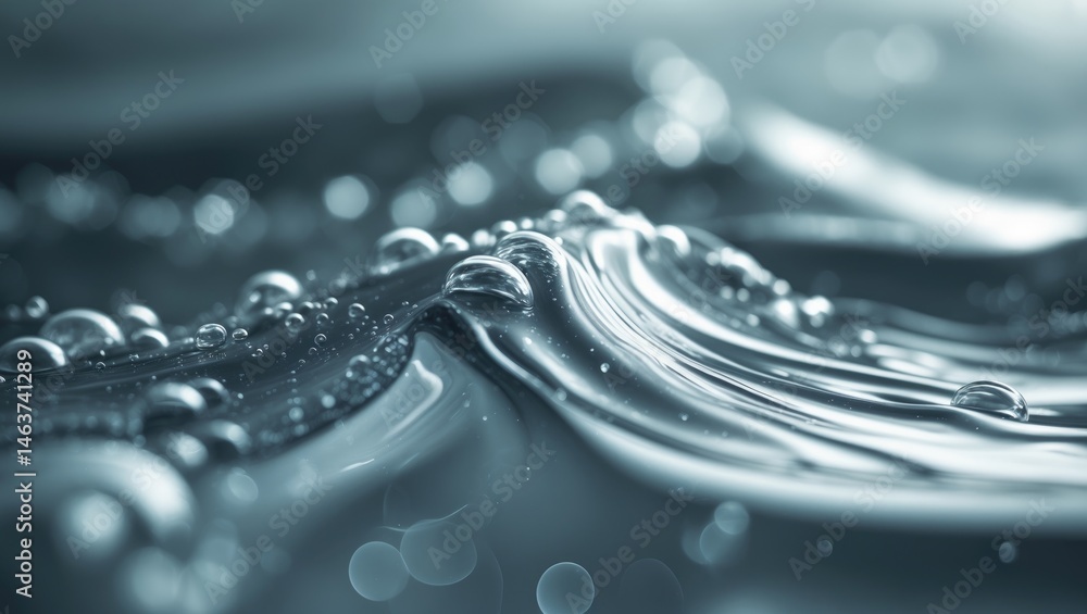 Poster water stream with transparent bubbles and artistic bokeh backdrop