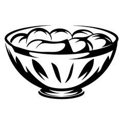 A stylized black and white illustration of a bowl filled with round objects