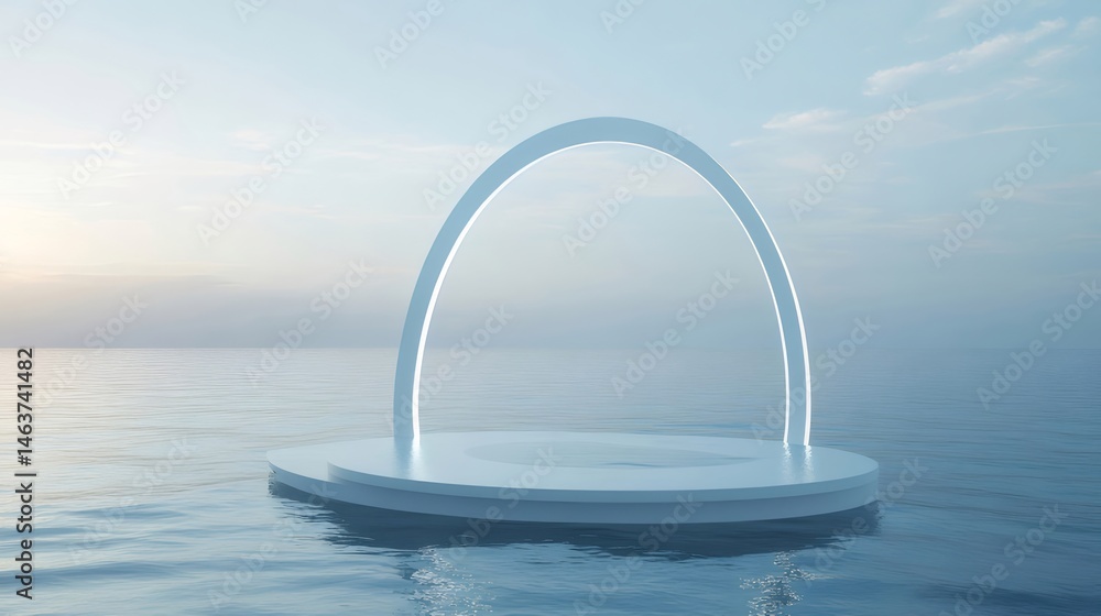 Aufkleber 穏やかな海に浮かぶ円形のプラットフォームとアーチ型の構造物のミニマルな青い背景 広告や製品展示のためのプレゼンテーションステージ