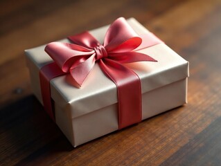 Luxury present, silk bow, polished wood tabletop, celebration, premium, view