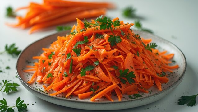 Fresh grated carrot dish with walnuts, parsley, and honey dressing - Powered by Adobe