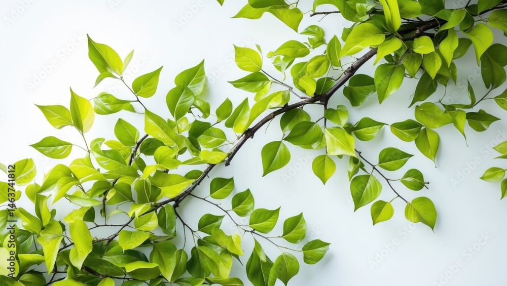 Poster white background with green leaves and branches for abstract texture suitable for design and decorat