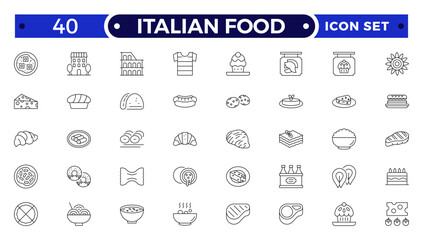fast food outline icons. Fast food vector icon line set. Burger sandwich pizza hot dog cola coffee sweets.Italian Food icon.