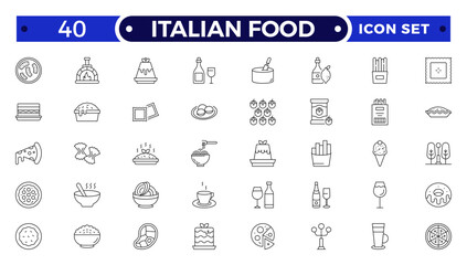 fast food outline icons. Fast food vector icon line set. Burger sandwich pizza hot dog cola coffee sweets.Italian Food icon.
