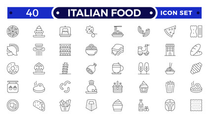 fast food outline icons. Fast food vector icon line set. Burger sandwich pizza hot dog cola coffee sweets.Italian Food icon.