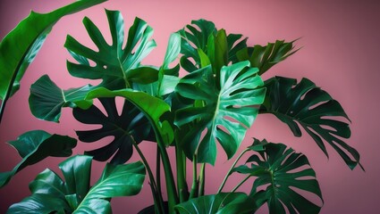 Tropical green plant illuminated by a bright interior background