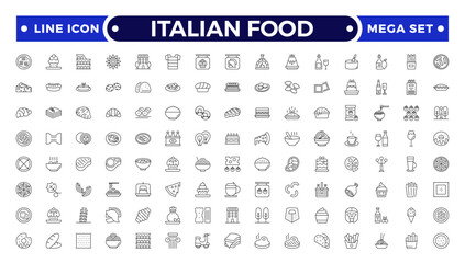 fast food outline icons. Fast food vector icon line set. Burger sandwich pizza hot dog cola coffee sweets.Italian Food icon.