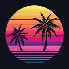 Tropical beach sunset with palm tree silhouettes by the sea