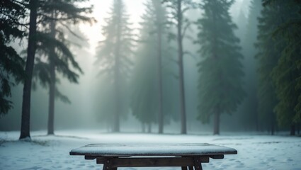 Obraz premium Wooden retro table blanketed in snow and frost, set against a mountainscape. Bright, chilly day. Mockup for new year celebrations.