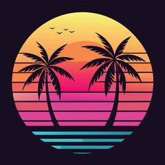 Tropical beach sunset with palm tree silhouettes by the sea