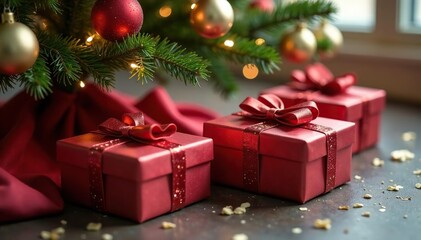 Obraz premium Ornate gift boxes with shimmering bows nestled under twinkling Christmas tree , christmas lights, yuletide