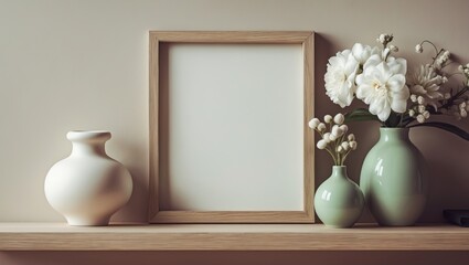 Close-up shot of a blank photo frame mock-up accompanied by vases and diverse ornaments