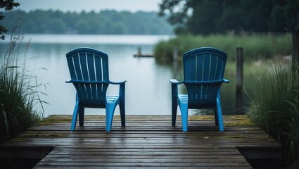 Blue chairs are placed on a wooden dock overlooking a peaceful lake.