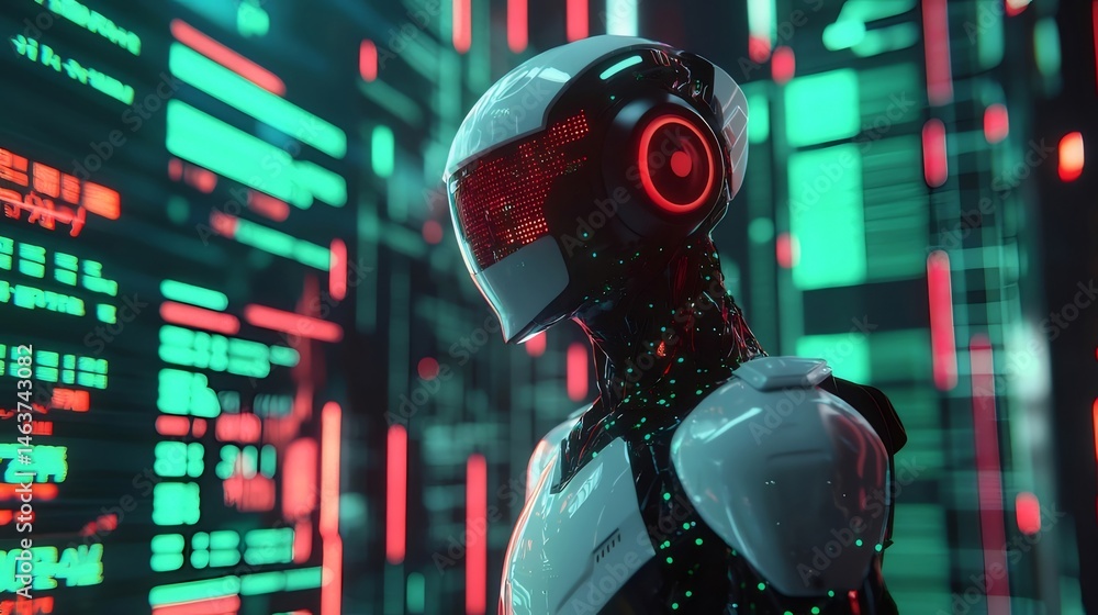 Poster 赤い光でハイライトされた抽象的な背景を持つ未来的な白いアンドロイド ロボット