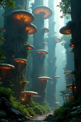 A bio-tech forest city with tree-shaped skyscrapers and glowing fungal networks