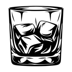 Monochrome illustration of a glass of whiskey on the rocks artwork