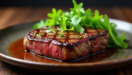 Perfectly seared rare steak, charred crust, arugula salad , delicious, image, meat