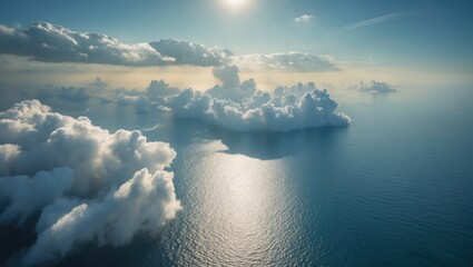 Bird's-eye perspective of floating clouds illuminating the seaâ€™s surface and distant cloud formations