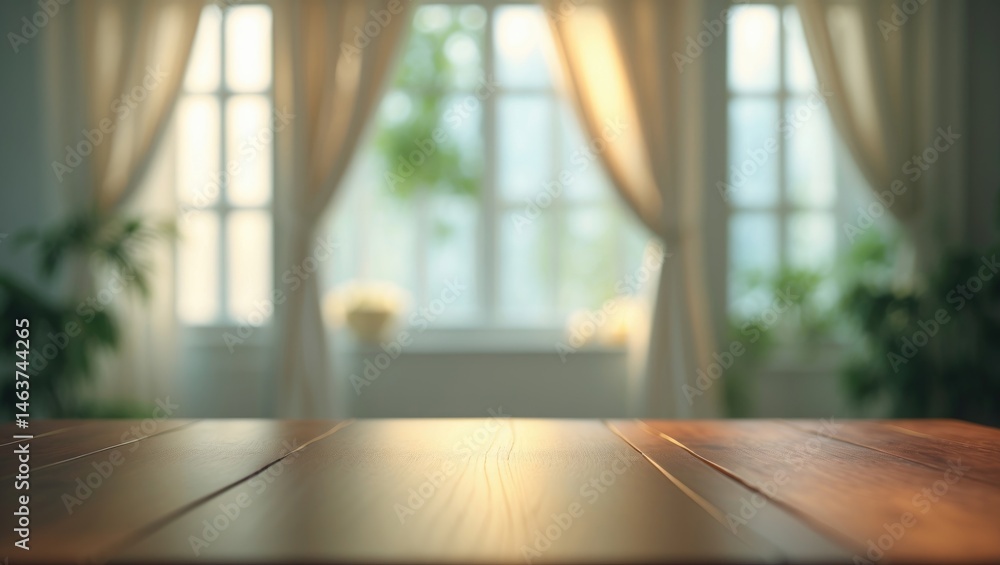 Poster wood table top in focus with blurred home room background and window view for visual layout or produ