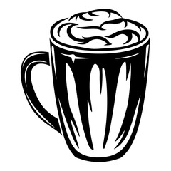 Monochrome vector illustration of a creamy drink in a mug with handle