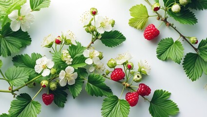 Lush Green Blackberry, Currant, and Raspberry Plant with Flowers Isolated on White Surface