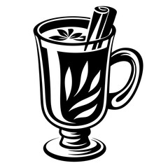 Monochrome depiction of a hot beverage with cinnamon sticks in an elegant glass