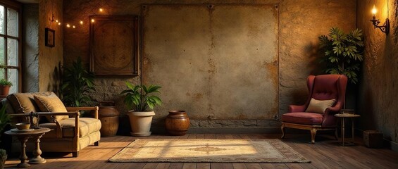 Rustic vintage package, golden accents, warm lighting , background, ribbon, worn