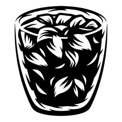 Monochrome illustration of a full glass of what looks like basil pesto