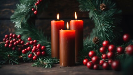 Advent wreath adorned with red candles, one burning, and a copy space