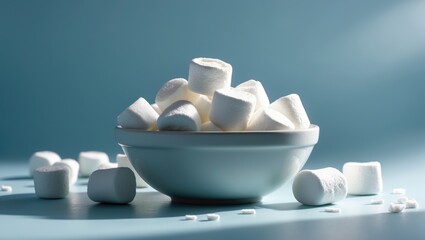 Bowl of hot chocolate topped with white marshmallows for roasting, viewed from close range