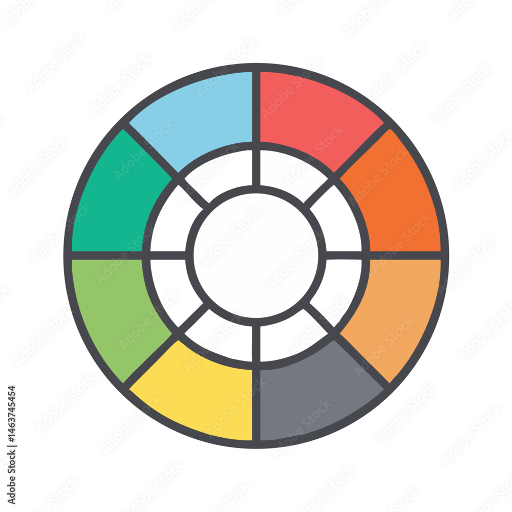 Poster circular color wheel icon representing color theory and hue relationships