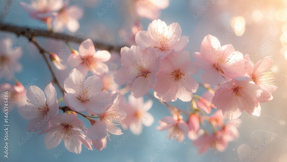 Poster blooming pink sakura branches captured in macro with light and background emphasizing spring beauty
